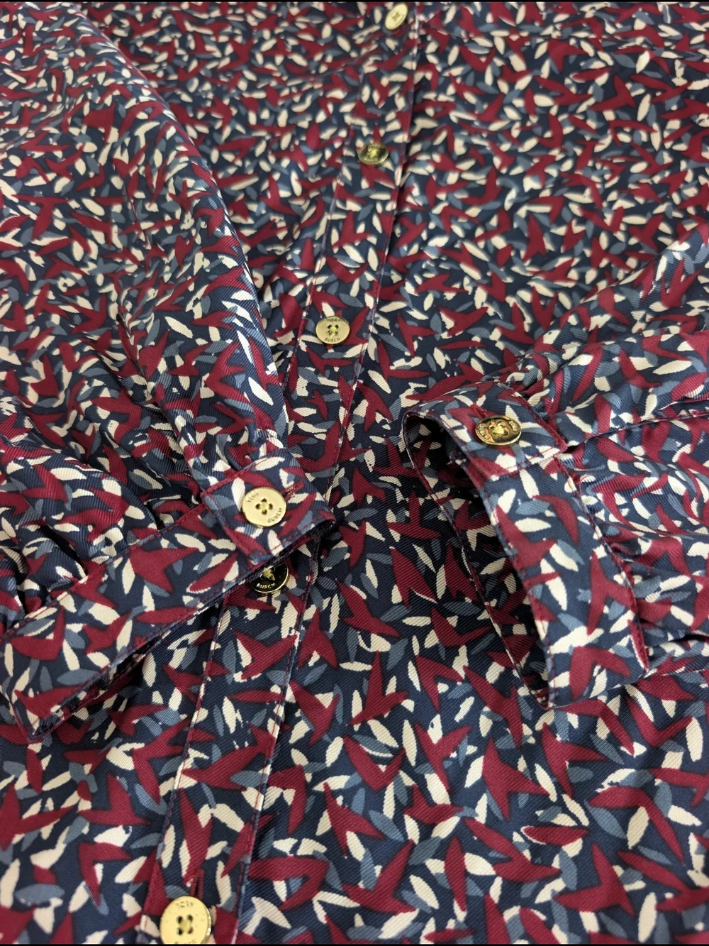 Tory Burch Burgundy Agate Confetti Printed Button Front Silk Blouse | Size M